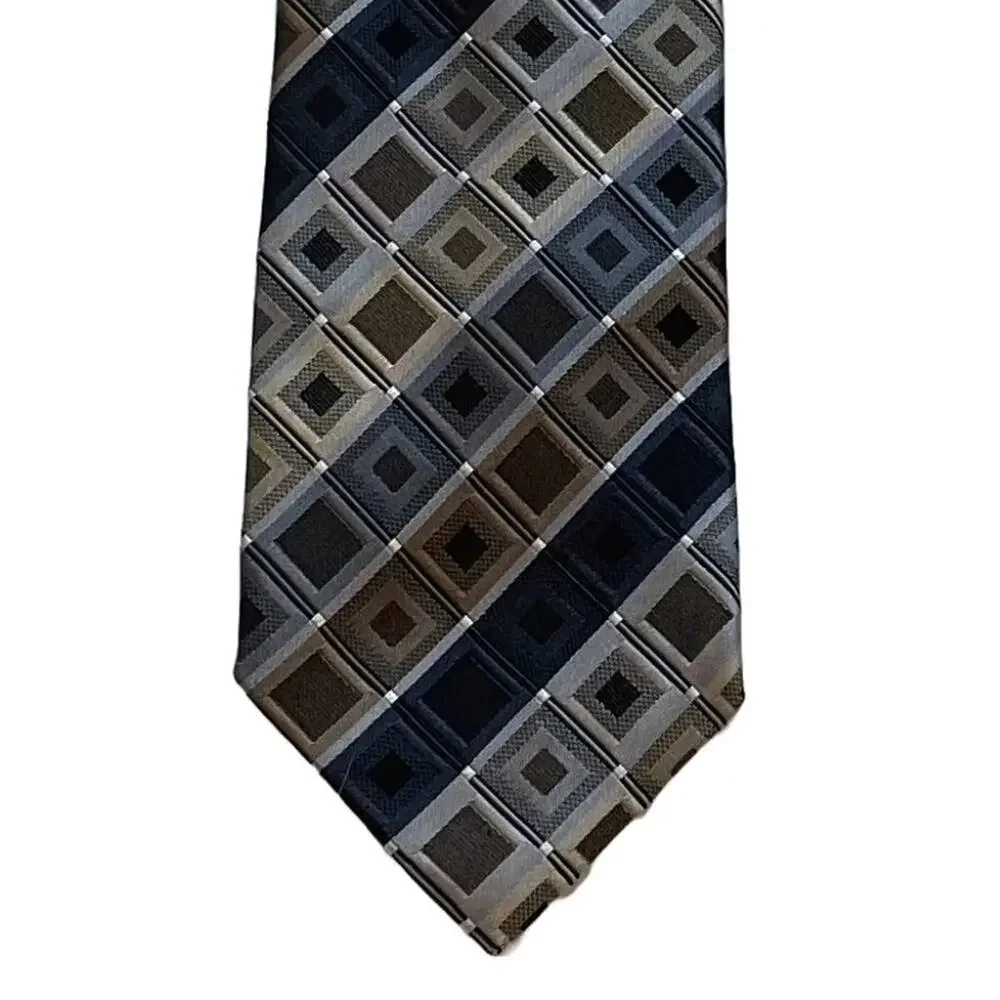 Kenneth Cole Silver, Gold, Black, Navy Silk Geometric Print Silk Tie 57